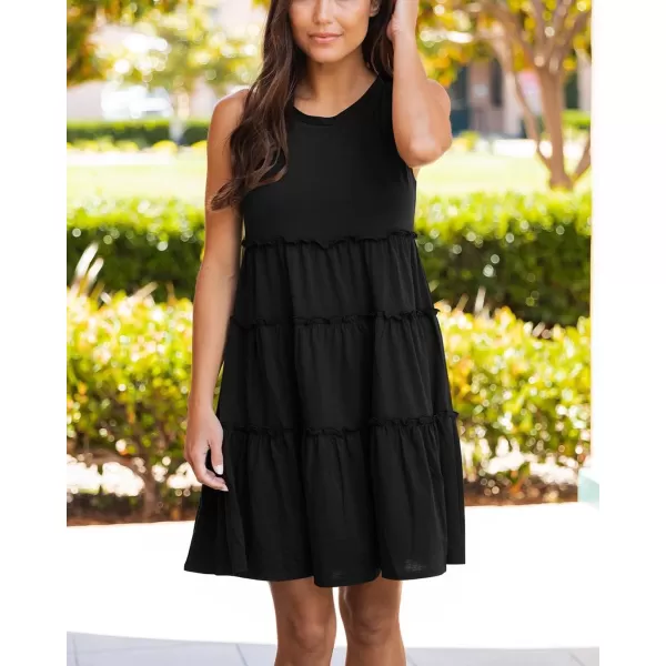 BTFBM Women Sleeveless Summer Dress 2024 Crewneck Ribbed Knit Ruffle Swing Button Down Beach Sun Mini Tank Short DressesTiered Black