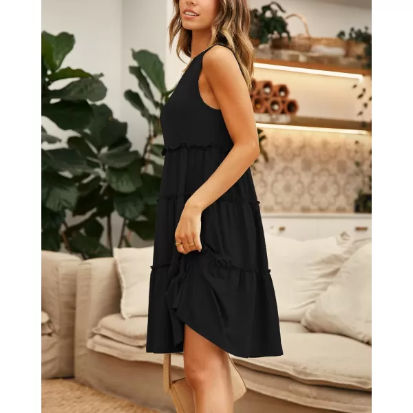 BTFBM Women Sleeveless Summer Dress 2024 Crewneck Ribbed Knit Ruffle Swing Button Down Beach Sun Mini Tank Short DressesTiered Black