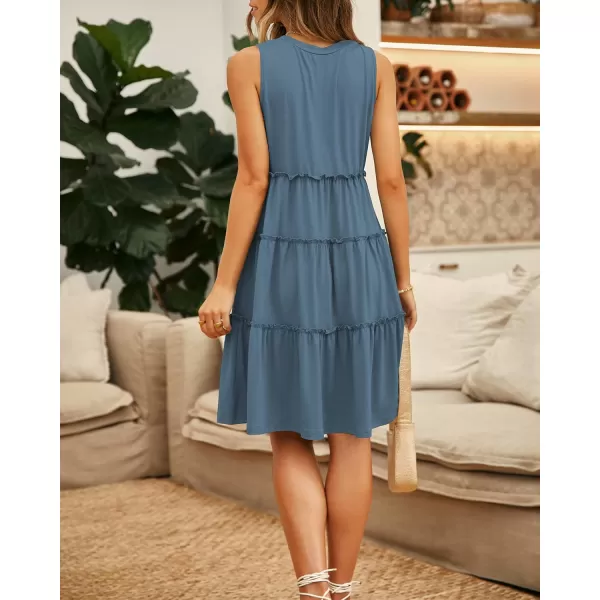 BTFBM Women Sleeveless Summer Dress 2024 Crewneck Ribbed Knit Ruffle Swing Button Down Beach Sun Mini Tank Short DressesTiered Lake Blue