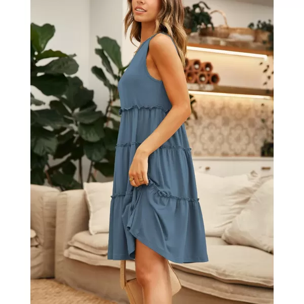 BTFBM Women Sleeveless Summer Dress 2024 Crewneck Ribbed Knit Ruffle Swing Button Down Beach Sun Mini Tank Short DressesTiered Lake Blue