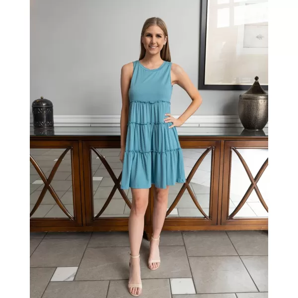 BTFBM Women Sleeveless Summer Dress 2024 Crewneck Ribbed Knit Ruffle Swing Button Down Beach Sun Mini Tank Short DressesTiered Lake Blue