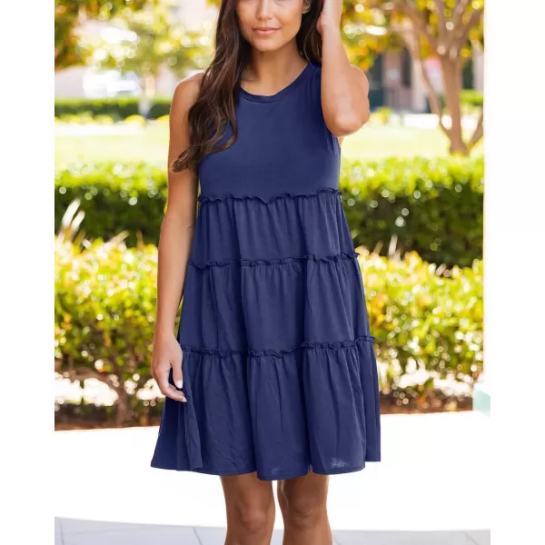 BTFBM Women Sleeveless Summer Dress 2024 Crewneck Ribbed Knit Ruffle Swing Button Down Beach Sun Mini Tank Short DressesTiered Navy