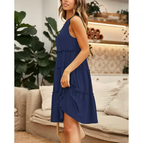 BTFBM Women Sleeveless Summer Dress 2024 Crewneck Ribbed Knit Ruffle Swing Button Down Beach Sun Mini Tank Short DressesTiered Navy