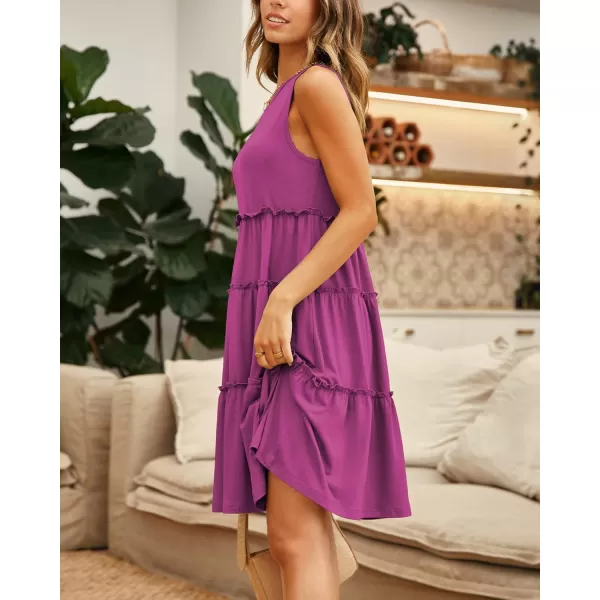 BTFBM Women Sleeveless Summer Dress 2024 Crewneck Ribbed Knit Ruffle Swing Button Down Beach Sun Mini Tank Short DressesTiered Rose Red