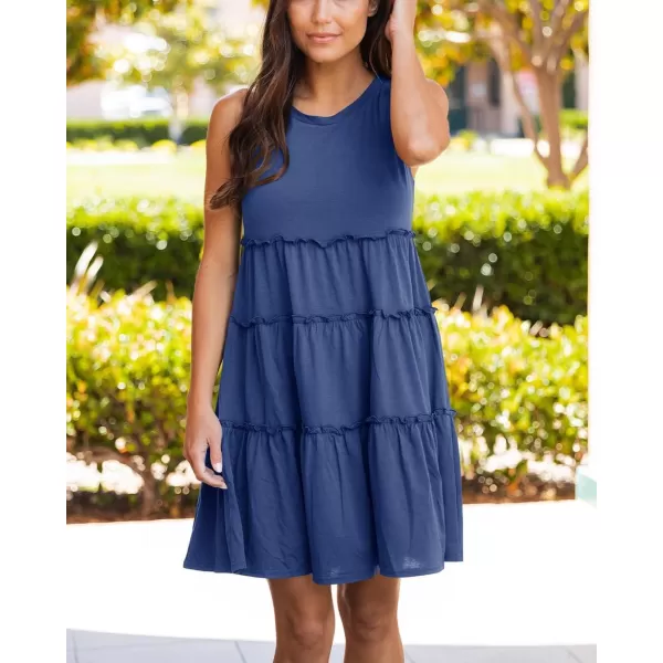 BTFBM Women Sleeveless Summer Dress 2024 Crewneck Ribbed Knit Ruffle Swing Button Down Beach Sun Mini Tank Short DressesTiered Royal Blue