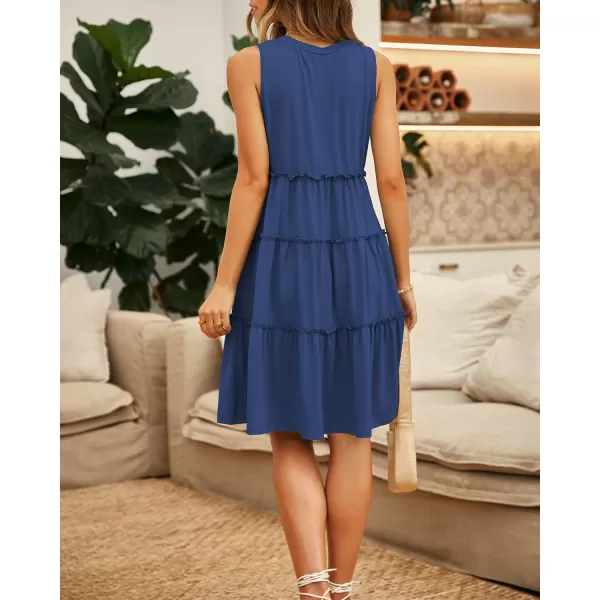 BTFBM Women Sleeveless Summer Dress 2024 Crewneck Ribbed Knit Ruffle Swing Button Down Beach Sun Mini Tank Short DressesTiered Royal Blue
