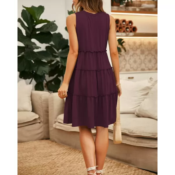 BTFBM Women Sleeveless Summer Dress 2024 Crewneck Ribbed Knit Ruffle Swing Button Down Beach Sun Mini Tank Short DressesTiered Wine Red