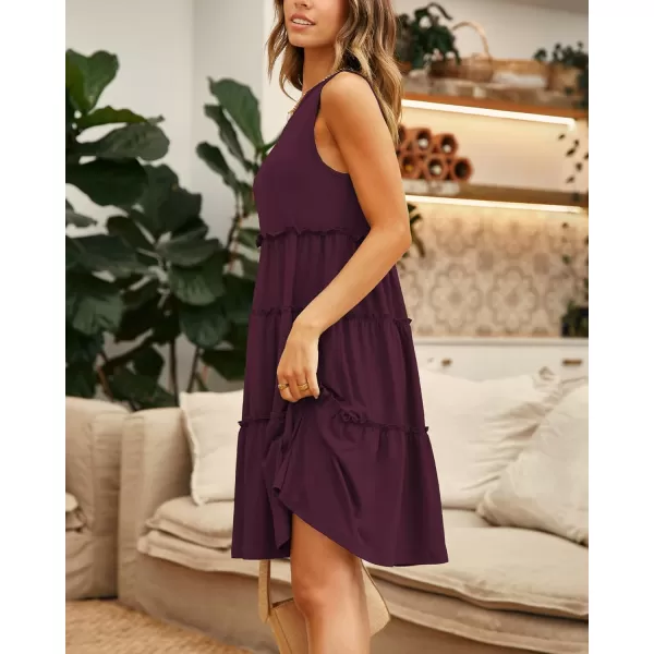 BTFBM Women Sleeveless Summer Dress 2024 Crewneck Ribbed Knit Ruffle Swing Button Down Beach Sun Mini Tank Short DressesTiered Wine Red