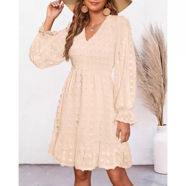 BTFBM Women V Neck Smocked Short Dress Long Sleeve Flowy Casual Swiss Dot Ruffle Chiffon Mini Summer Fall Dresses 2024Solid Apricot