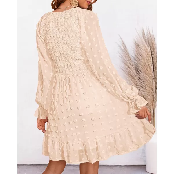 BTFBM Women V Neck Smocked Short Dress Long Sleeve Flowy Casual Swiss Dot Ruffle Chiffon Mini Summer Fall Dresses 2024Solid Apricot