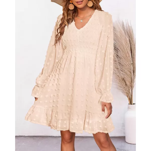 BTFBM Women V Neck Smocked Short Dress Long Sleeve Flowy Casual Swiss Dot Ruffle Chiffon Mini Summer Fall Dresses 2024Solid Apricot