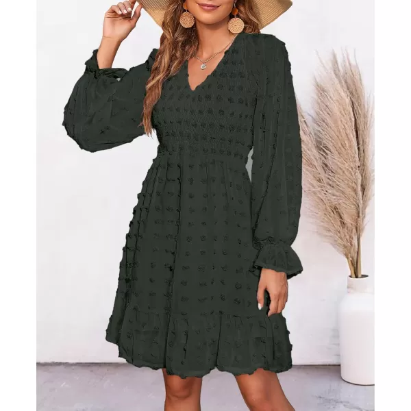 BTFBM Women V Neck Smocked Short Dress Long Sleeve Flowy Casual Swiss Dot Ruffle Chiffon Mini Summer Fall Dresses 2024Solid Army Green