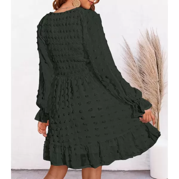 BTFBM Women V Neck Smocked Short Dress Long Sleeve Flowy Casual Swiss Dot Ruffle Chiffon Mini Summer Fall Dresses 2024Solid Army Green