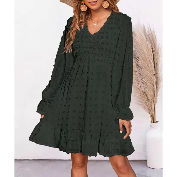 BTFBM Women V Neck Smocked Short Dress Long Sleeve Flowy Casual Swiss Dot Ruffle Chiffon Mini Summer Fall Dresses 2024Solid Army Green