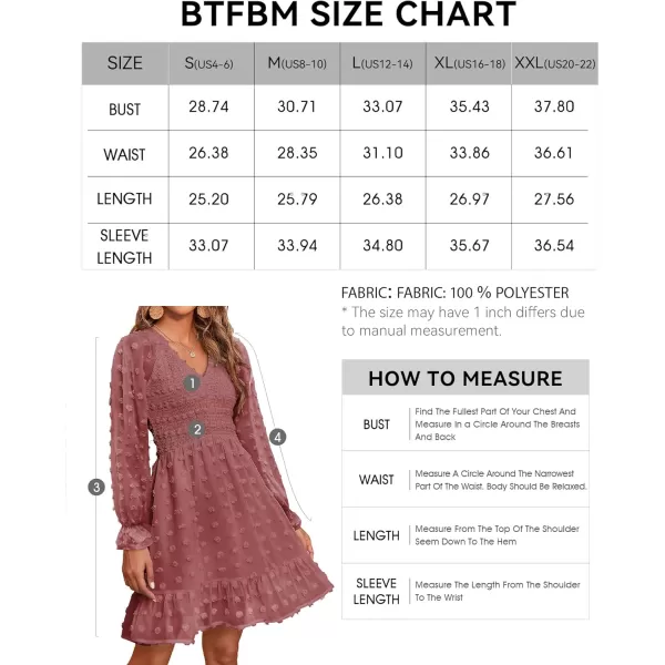 BTFBM Women V Neck Smocked Short Dress Long Sleeve Flowy Casual Swiss Dot Ruffle Chiffon Mini Summer Fall Dresses 2024Solid Bean Paste Red