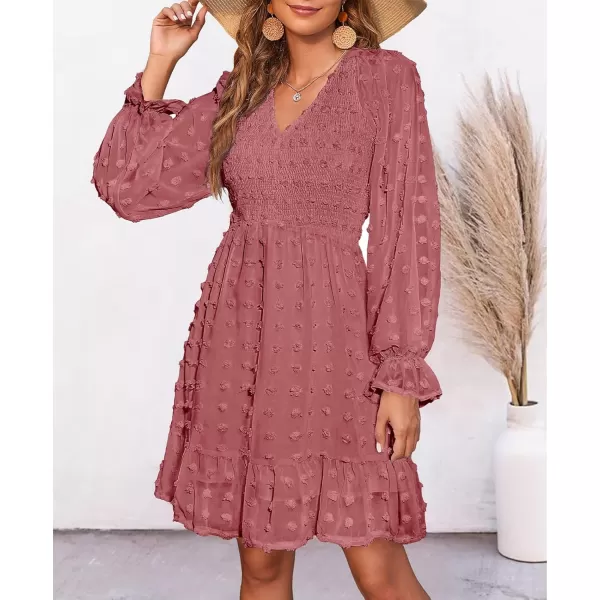 BTFBM Women V Neck Smocked Short Dress Long Sleeve Flowy Casual Swiss Dot Ruffle Chiffon Mini Summer Fall Dresses 2024Solid Bean Paste Red