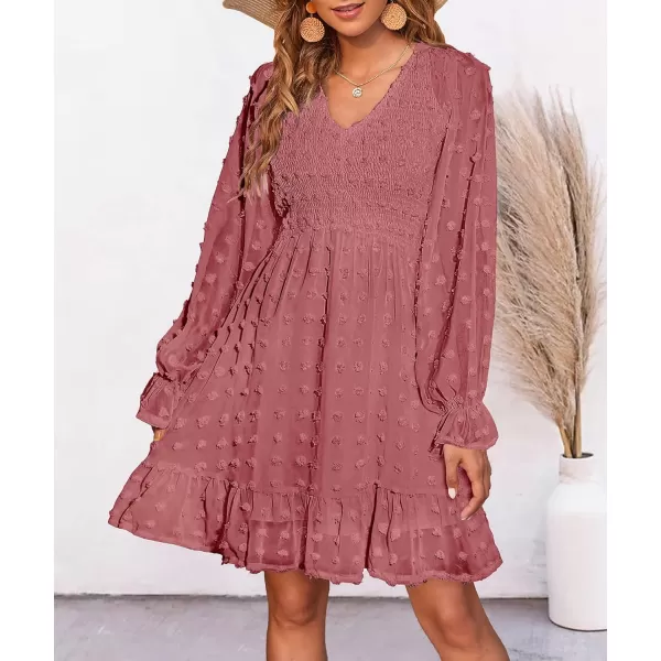 BTFBM Women V Neck Smocked Short Dress Long Sleeve Flowy Casual Swiss Dot Ruffle Chiffon Mini Summer Fall Dresses 2024Solid Bean Paste Red
