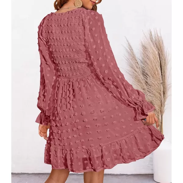 BTFBM Women V Neck Smocked Short Dress Long Sleeve Flowy Casual Swiss Dot Ruffle Chiffon Mini Summer Fall Dresses 2024Solid Bean Paste Red
