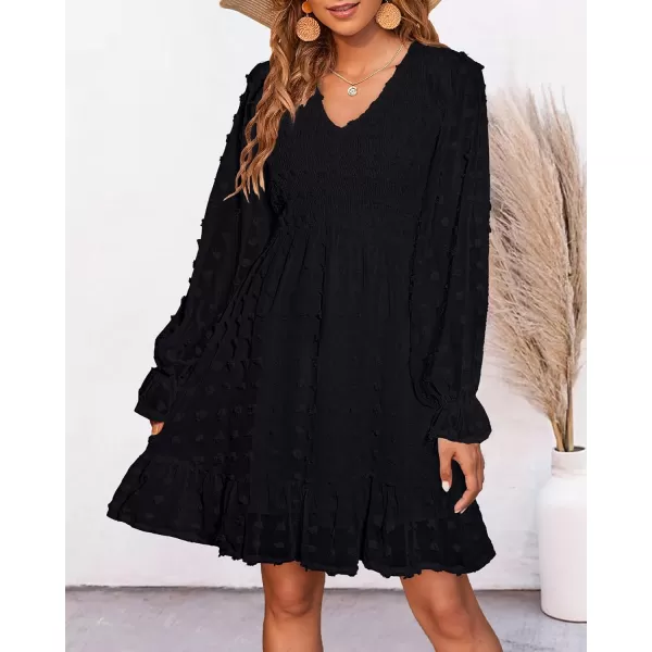 BTFBM Women V Neck Smocked Short Dress Long Sleeve Flowy Casual Swiss Dot Ruffle Chiffon Mini Summer Fall Dresses 2024Solid Black