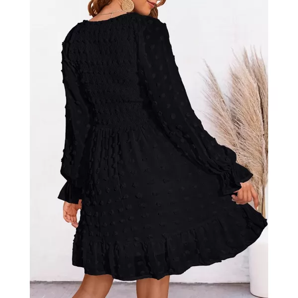 BTFBM Women V Neck Smocked Short Dress Long Sleeve Flowy Casual Swiss Dot Ruffle Chiffon Mini Summer Fall Dresses 2024Solid Black