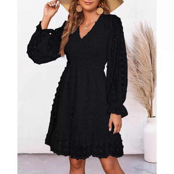 BTFBM Women V Neck Smocked Short Dress Long Sleeve Flowy Casual Swiss Dot Ruffle Chiffon Mini Summer Fall Dresses 2024Solid Black