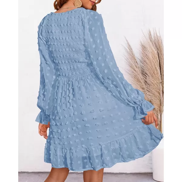 BTFBM Women V Neck Smocked Short Dress Long Sleeve Flowy Casual Swiss Dot Ruffle Chiffon Mini Summer Fall Dresses 2024Solid Blue