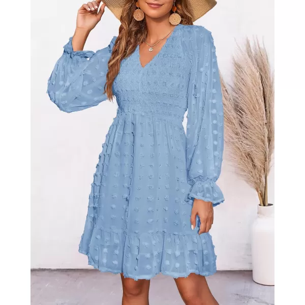 BTFBM Women V Neck Smocked Short Dress Long Sleeve Flowy Casual Swiss Dot Ruffle Chiffon Mini Summer Fall Dresses 2024Solid Blue