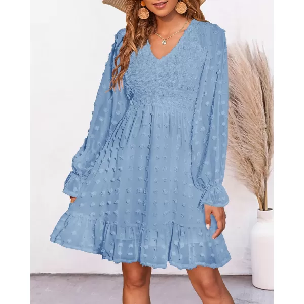 BTFBM Women V Neck Smocked Short Dress Long Sleeve Flowy Casual Swiss Dot Ruffle Chiffon Mini Summer Fall Dresses 2024Solid Blue