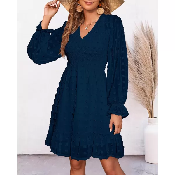 BTFBM Women V Neck Smocked Short Dress Long Sleeve Flowy Casual Swiss Dot Ruffle Chiffon Mini Summer Fall Dresses 2024Solid Dark Blue