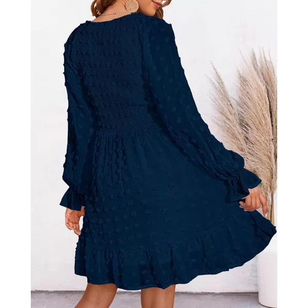 BTFBM Women V Neck Smocked Short Dress Long Sleeve Flowy Casual Swiss Dot Ruffle Chiffon Mini Summer Fall Dresses 2024Solid Dark Blue