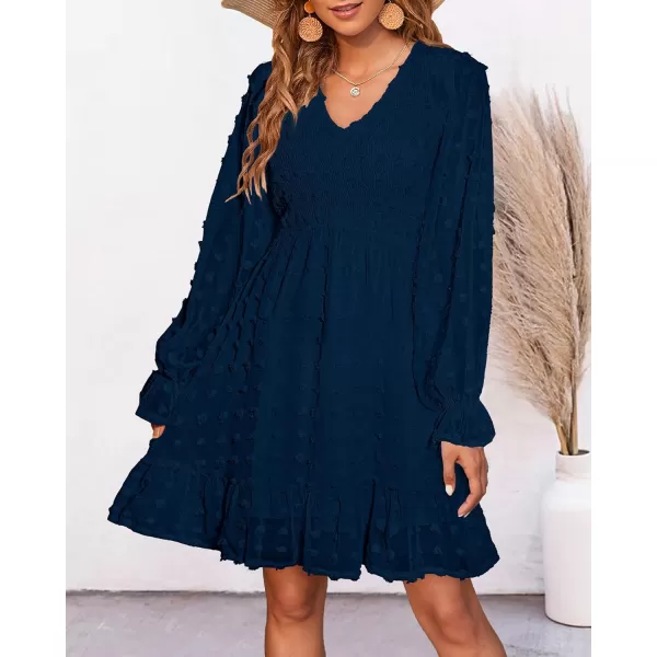 BTFBM Women V Neck Smocked Short Dress Long Sleeve Flowy Casual Swiss Dot Ruffle Chiffon Mini Summer Fall Dresses 2024Solid Dark Blue