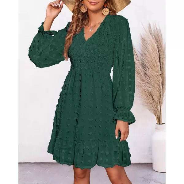 BTFBM Women V Neck Smocked Short Dress Long Sleeve Flowy Casual Swiss Dot Ruffle Chiffon Mini Summer Fall Dresses 2024Solid Dark Green