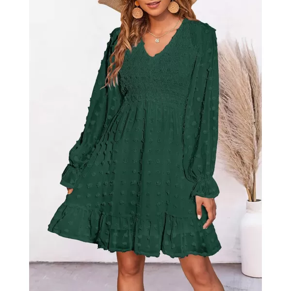 BTFBM Women V Neck Smocked Short Dress Long Sleeve Flowy Casual Swiss Dot Ruffle Chiffon Mini Summer Fall Dresses 2024Solid Dark Green