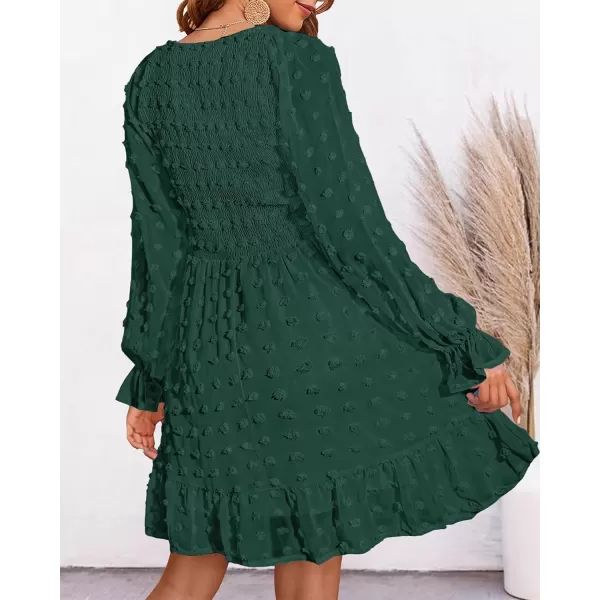 BTFBM Women V Neck Smocked Short Dress Long Sleeve Flowy Casual Swiss Dot Ruffle Chiffon Mini Summer Fall Dresses 2024Solid Dark Green