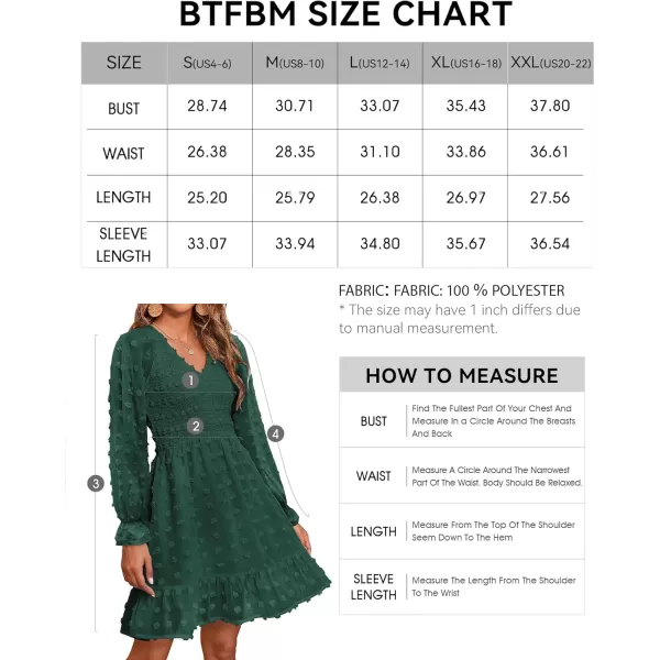 BTFBM Women V Neck Smocked Short Dress Long Sleeve Flowy Casual Swiss Dot Ruffle Chiffon Mini Summer Fall Dresses 2024Solid Dark Green
