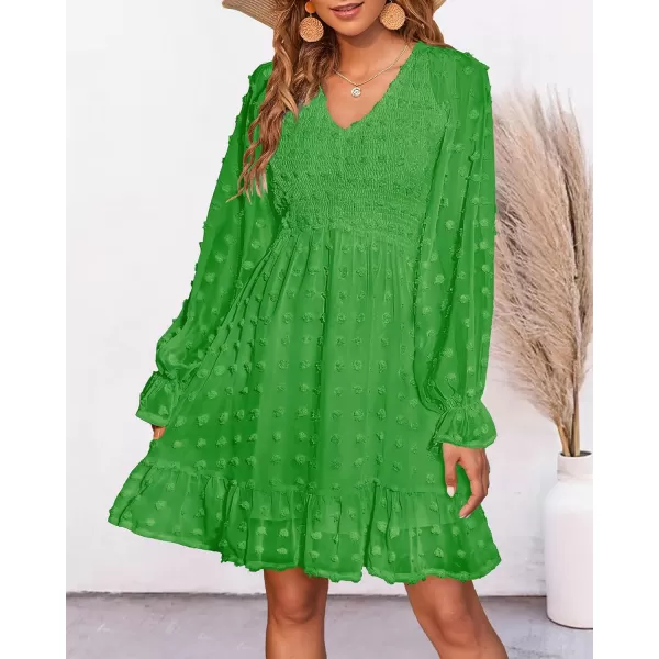 BTFBM Women V Neck Smocked Short Dress Long Sleeve Flowy Casual Swiss Dot Ruffle Chiffon Mini Summer Fall Dresses 2024Solid Green