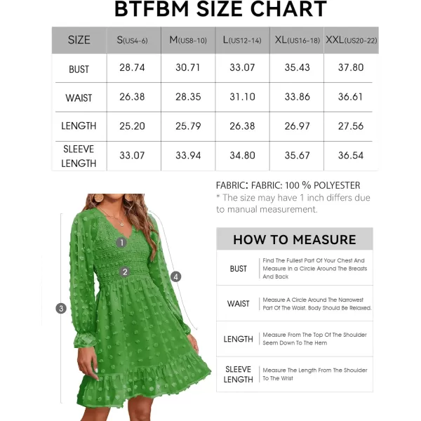 BTFBM Women V Neck Smocked Short Dress Long Sleeve Flowy Casual Swiss Dot Ruffle Chiffon Mini Summer Fall Dresses 2024Solid Green