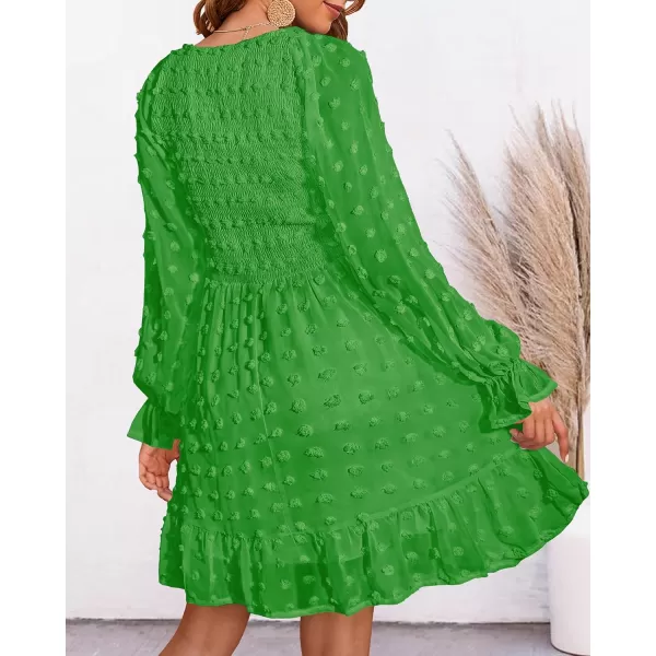 BTFBM Women V Neck Smocked Short Dress Long Sleeve Flowy Casual Swiss Dot Ruffle Chiffon Mini Summer Fall Dresses 2024Solid Green