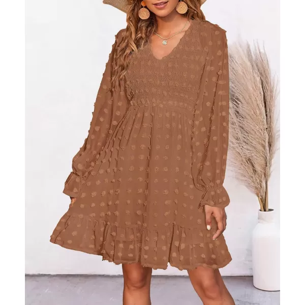 BTFBM Women V Neck Smocked Short Dress Long Sleeve Flowy Casual Swiss Dot Ruffle Chiffon Mini Summer Fall Dresses 2024Solid Khaki