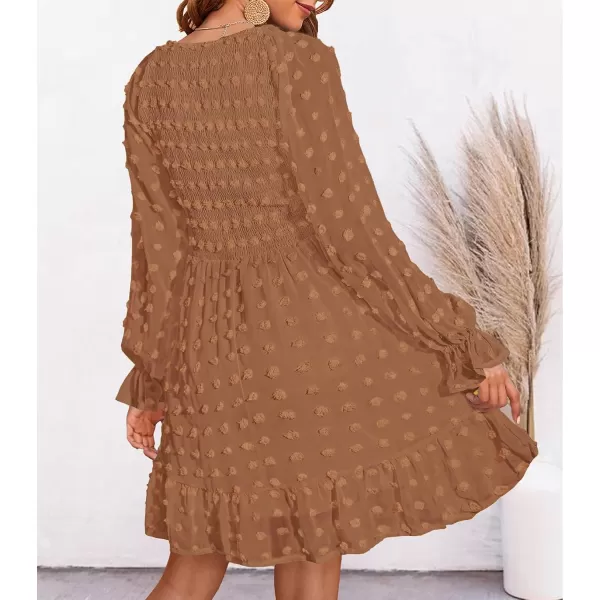 BTFBM Women V Neck Smocked Short Dress Long Sleeve Flowy Casual Swiss Dot Ruffle Chiffon Mini Summer Fall Dresses 2024Solid Khaki