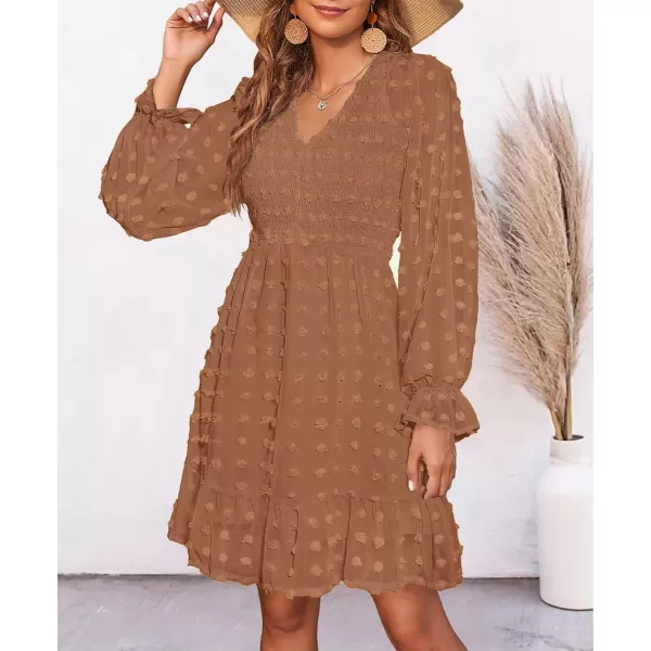 BTFBM Women V Neck Smocked Short Dress Long Sleeve Flowy Casual Swiss Dot Ruffle Chiffon Mini Summer Fall Dresses 2024Solid Khaki