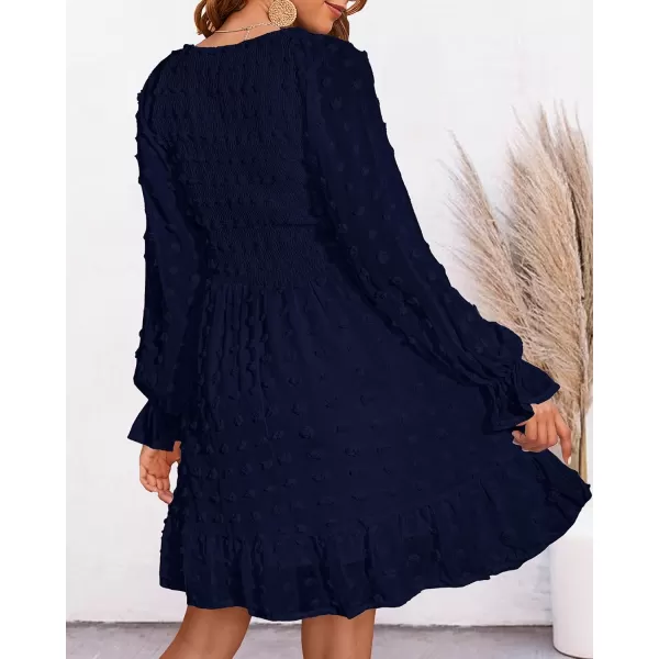BTFBM Women V Neck Smocked Short Dress Long Sleeve Flowy Casual Swiss Dot Ruffle Chiffon Mini Summer Fall Dresses 2024Solid Navy