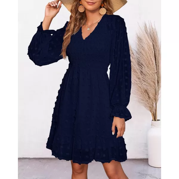 BTFBM Women V Neck Smocked Short Dress Long Sleeve Flowy Casual Swiss Dot Ruffle Chiffon Mini Summer Fall Dresses 2024Solid Navy