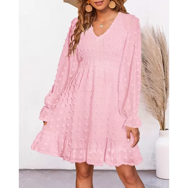 BTFBM Women V Neck Smocked Short Dress Long Sleeve Flowy Casual Swiss Dot Ruffle Chiffon Mini Summer Fall Dresses 2024Solid Pink