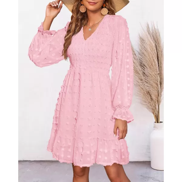 BTFBM Women V Neck Smocked Short Dress Long Sleeve Flowy Casual Swiss Dot Ruffle Chiffon Mini Summer Fall Dresses 2024Solid Pink