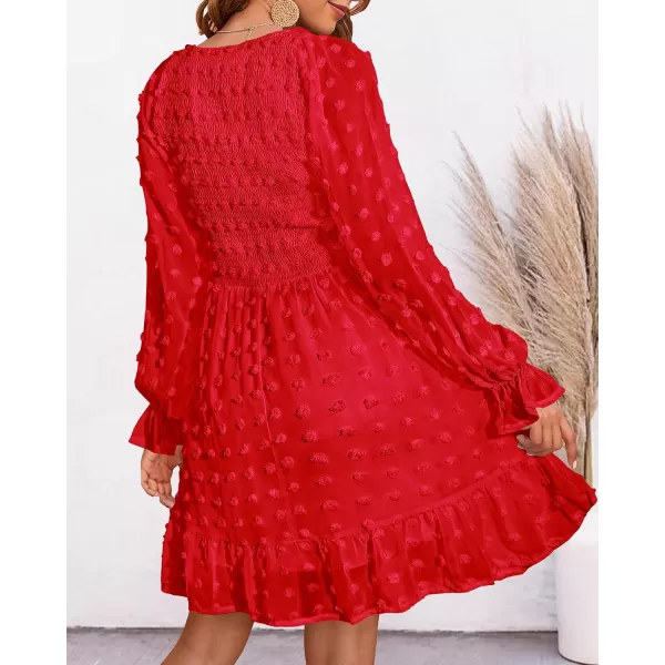 BTFBM Women V Neck Smocked Short Dress Long Sleeve Flowy Casual Swiss Dot Ruffle Chiffon Mini Summer Fall Dresses 2024Solid Red