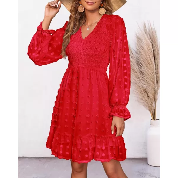 BTFBM Women V Neck Smocked Short Dress Long Sleeve Flowy Casual Swiss Dot Ruffle Chiffon Mini Summer Fall Dresses 2024Solid Red