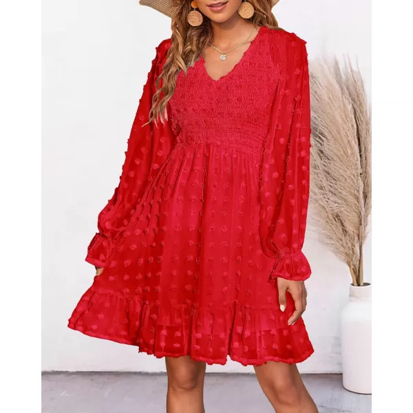 BTFBM Women V Neck Smocked Short Dress Long Sleeve Flowy Casual Swiss Dot Ruffle Chiffon Mini Summer Fall Dresses 2024Solid Red
