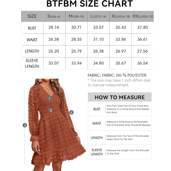 BTFBM Women V Neck Smocked Short Dress Long Sleeve Flowy Casual Swiss Dot Ruffle Chiffon Mini Summer Fall Dresses 2024Solid Red Brown