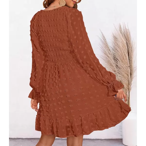 BTFBM Women V Neck Smocked Short Dress Long Sleeve Flowy Casual Swiss Dot Ruffle Chiffon Mini Summer Fall Dresses 2024Solid Red Brown